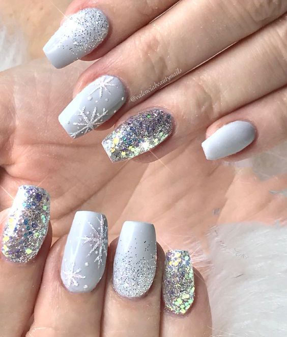 Cream Christmas nails with Glitter and Sliver snowflakes design Ideas