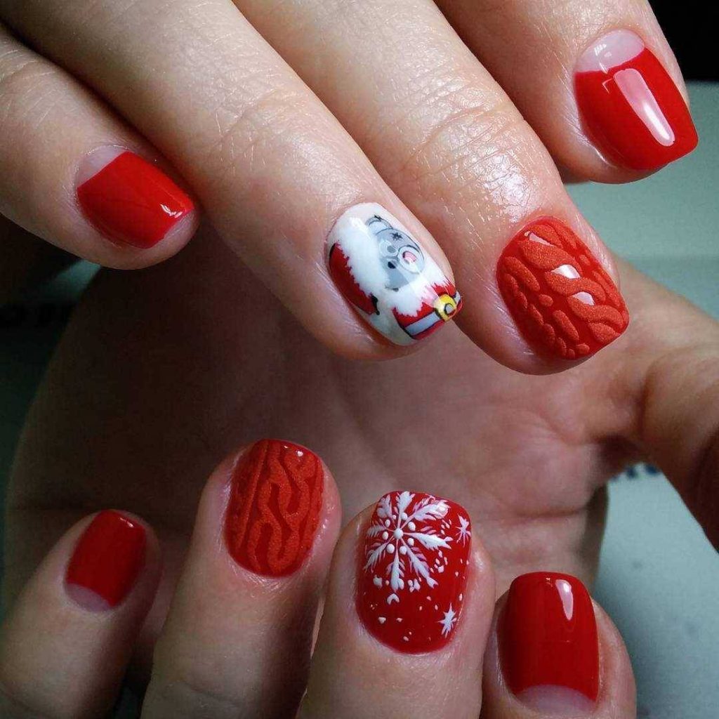 Short Red Christmas nails with snowflakes design