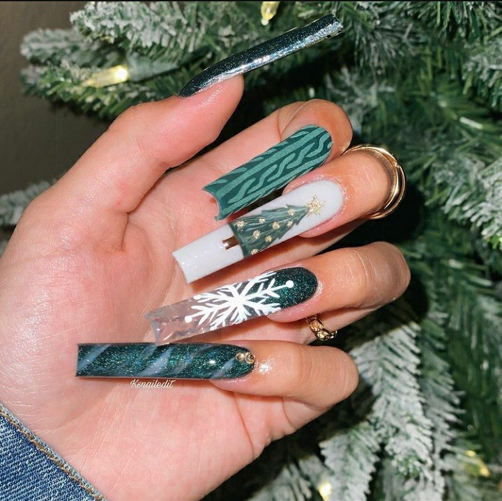 Long Green Christmas Tree Nails with Snowflake design Ideas